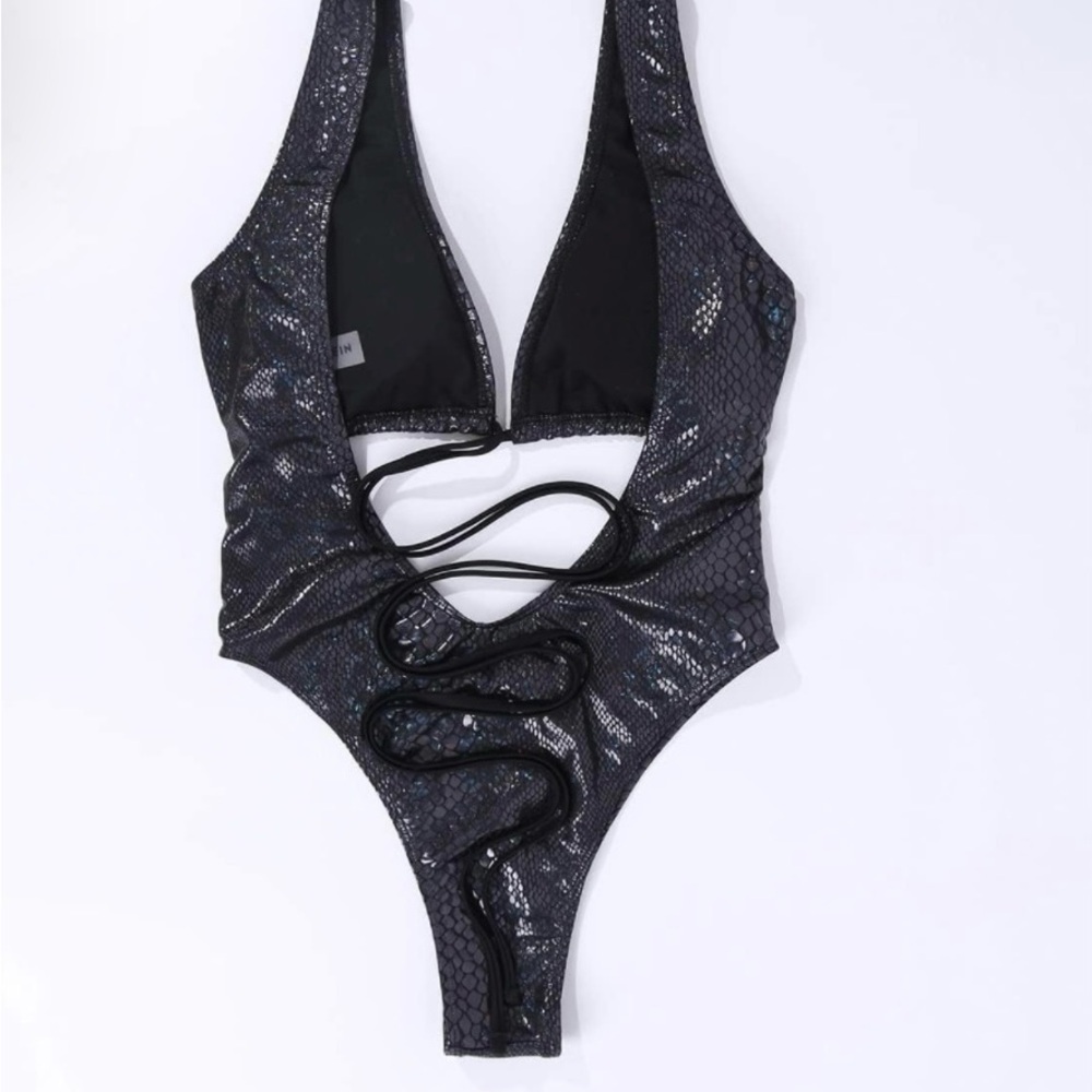 NWOT Metallic Black Snakeskin Cutout Swimsuit - Picture 5 of 12